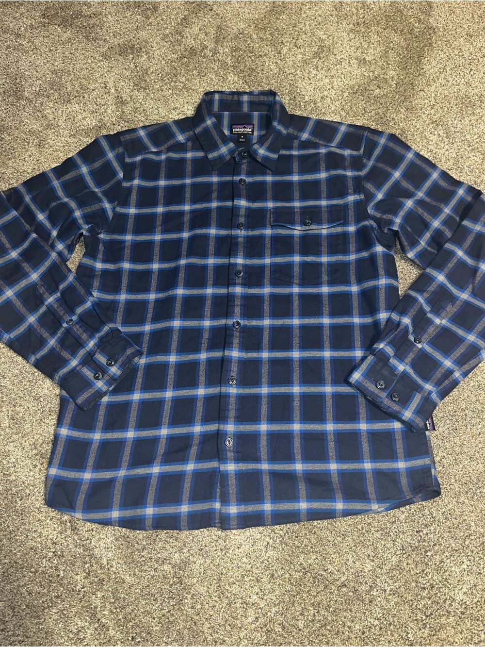 Patagonia Shirt Mens Medium Blue Plaid Flannel Button Up Organic euc